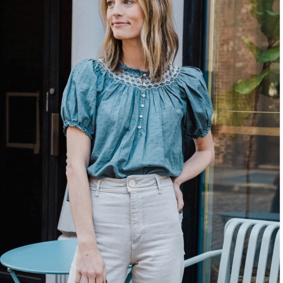 baybala Tops - Baybala swiss dot chambray embroidered puff sleeve top